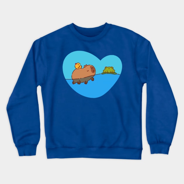 Capybara swimming with a bird and a frog Crewneck Sweatshirt by Tinyarts